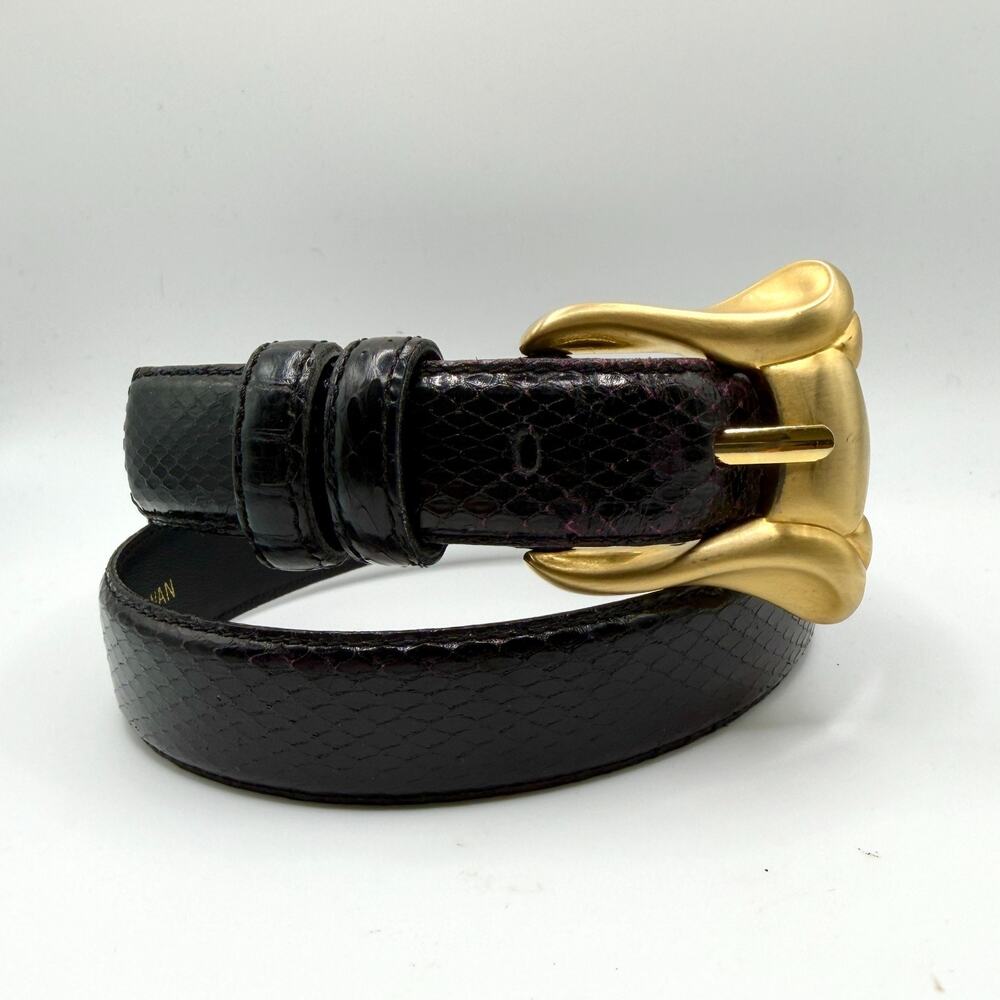 Vintage 80s Liz Claiborne Black Genuine Snakeskin Gold Buckle Belt